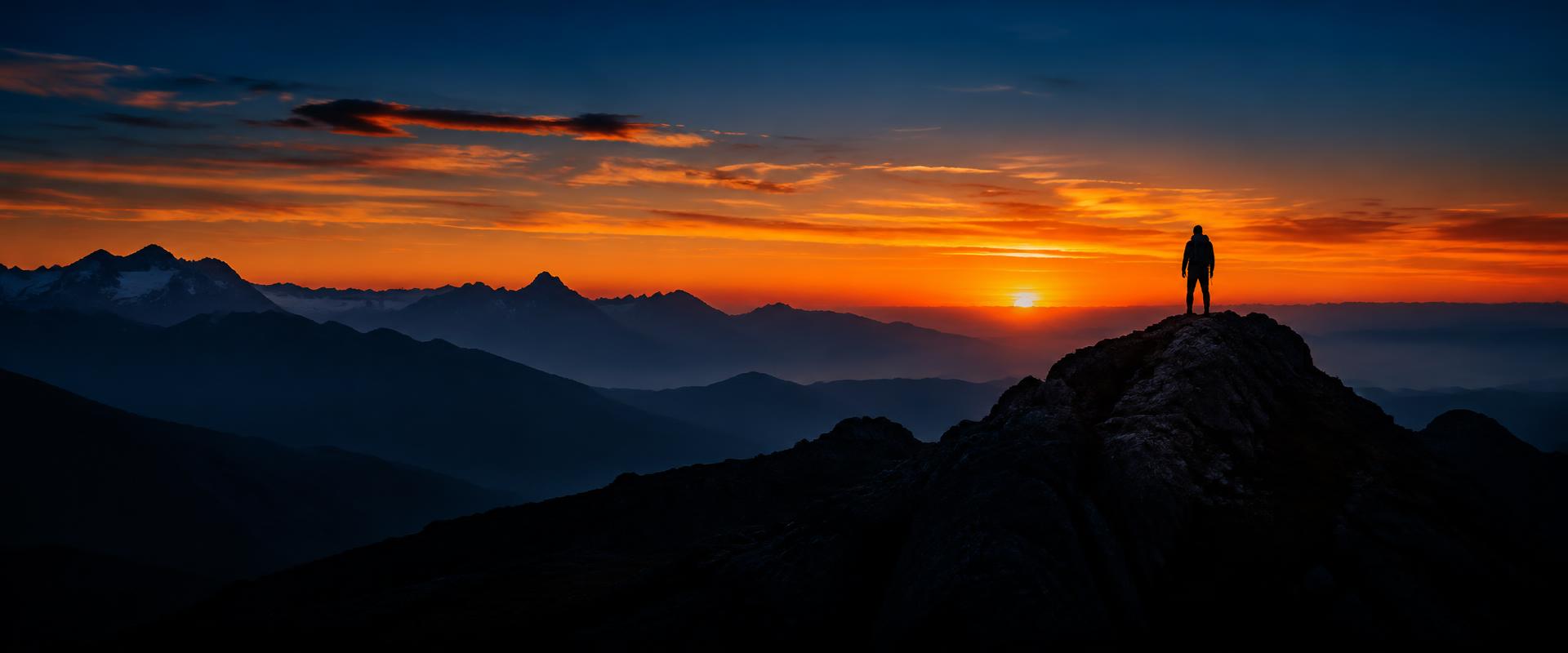 Silhouette d'un grimpeur sur un sommet au coucher du soleil